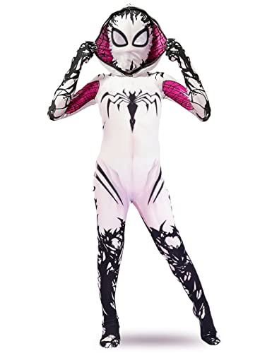 Liokoon Girls Spider Costume Kids White Spider Superhero Cosplay Mask Jumpsuit Bodysuit for Kids Toddler Girls Aged 3-12(Kids-S)