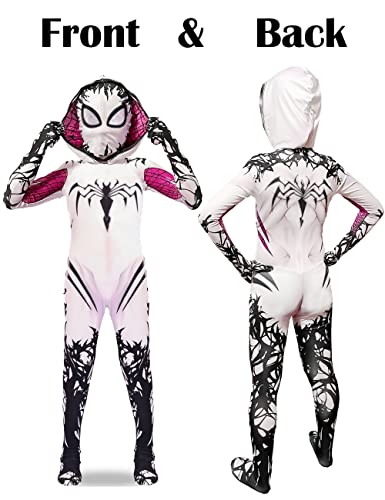 Liokoon Girls Spider Costume Kids White Spider Superhero Cosplay Mask Jumpsuit Bodysuit for Kids Toddler Girls Aged 3-12(Kids-S)