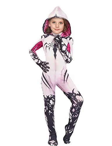 Liokoon Girls Spider Costume Kids White Spider Superhero Cosplay Mask Jumpsuit Bodysuit for Kids Toddler Girls Aged 3-12(Kids-S)