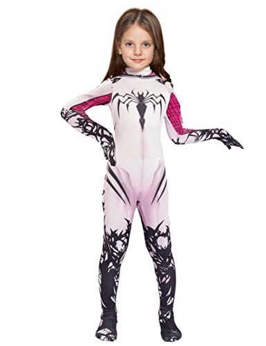 Liokoon Girls Spider Costume Kids White Spider Superhero Cosplay Mask Jumpsuit Bodysuit for Kids Toddler Girls Aged 3-12(Kids-S)