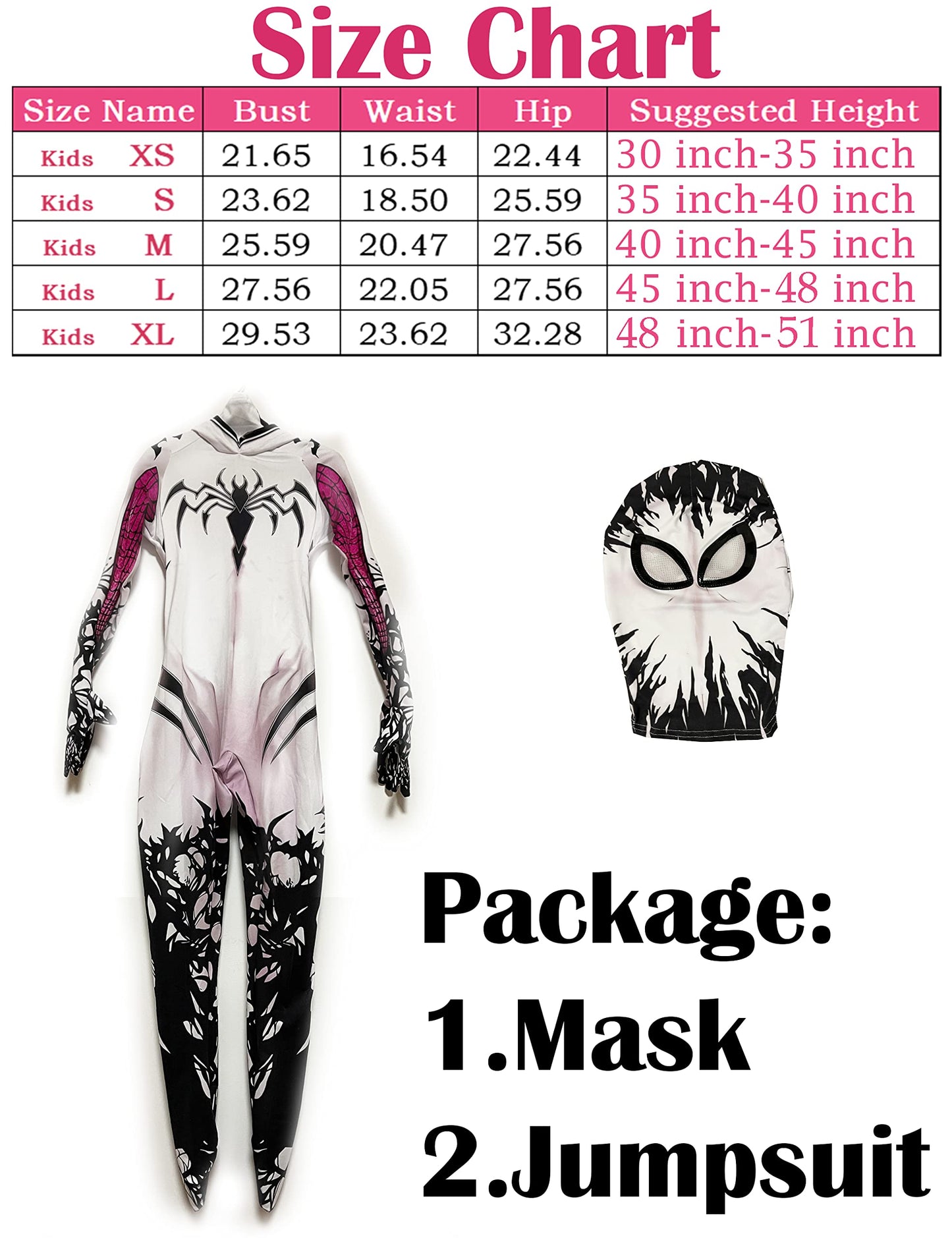 Liokoon Girls Spider Costume Kids White Spider Superhero Cosplay Mask Jumpsuit Bodysuit for Kids Toddler Girls Aged 3-12(Kids-S)